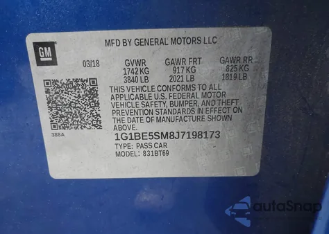 2018 Chevrolet Cruze Lt Auto из США, поврежденный, VIN 1G1BE5SM8J7198173